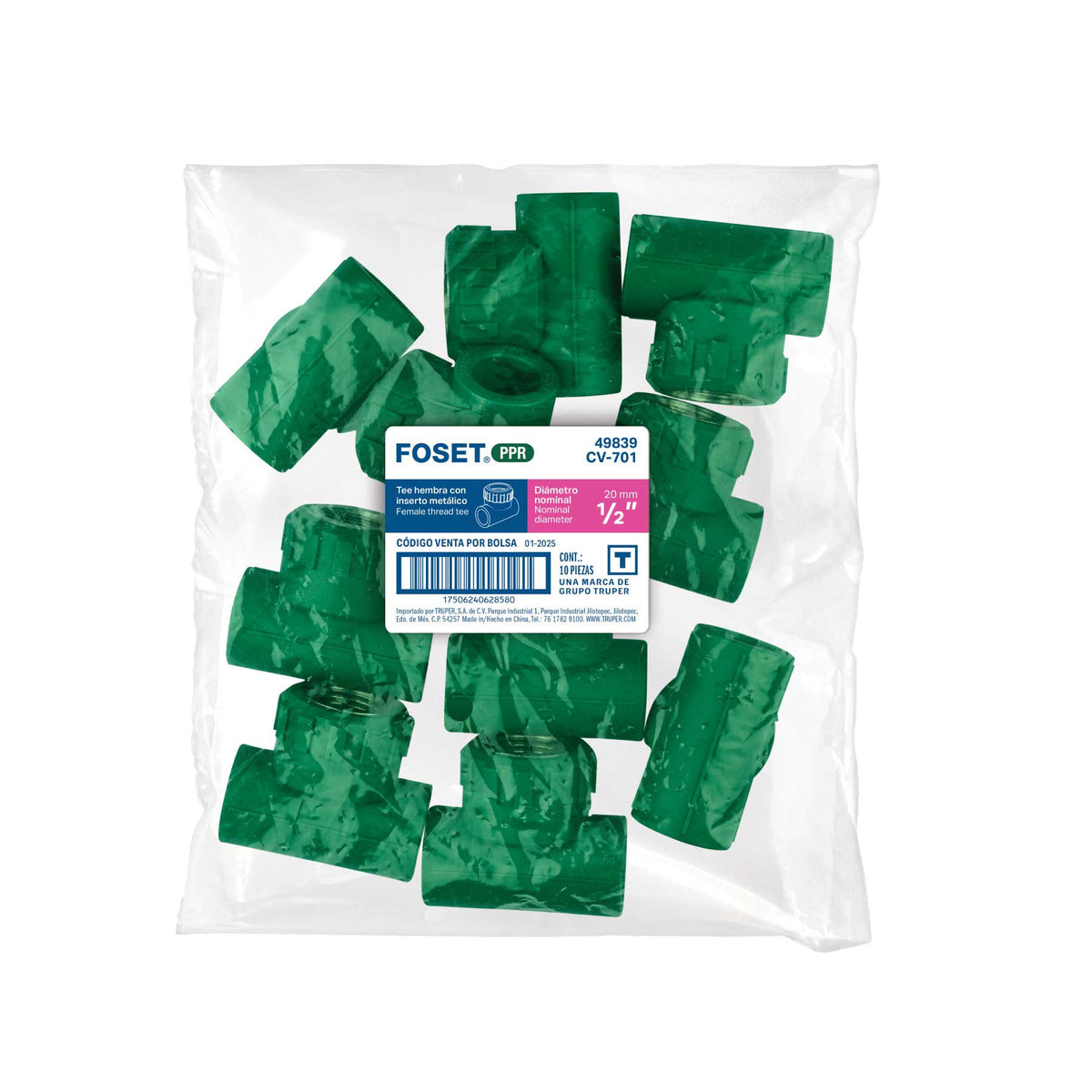 Tee hembra de PPR 1/2' con inserto metálico, FOSET