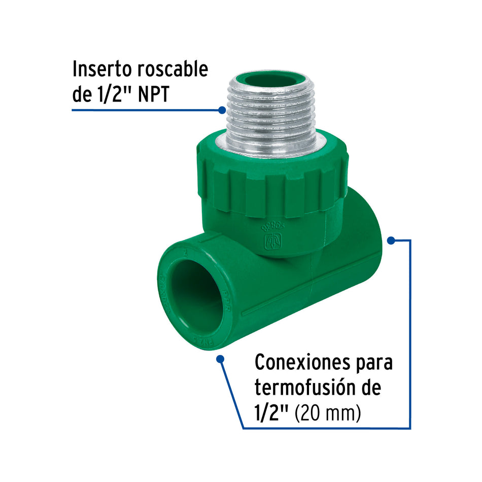 Tee macho de PPR 1/2' con inserto metálico, FOSET