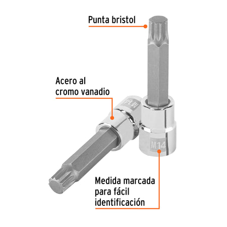 Dado punta larga bristol M14, cuadro 1/2', Truper