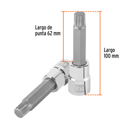 Dado punta larga bristol M14, cuadro 1/2', Truper