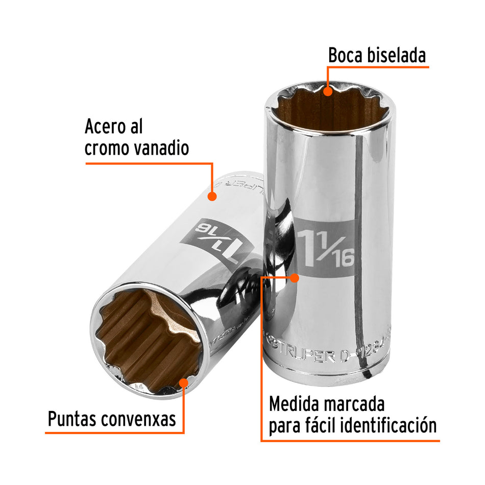 Dado largo de 1-1/16', 12 puntas, cuadro 1/2', Truper 1/16', 1/2'