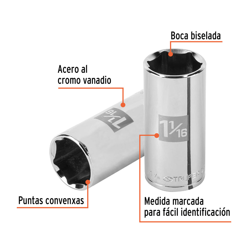 Dado largo de 1-1/16', 6 puntas, cuadro 1/2', Truper