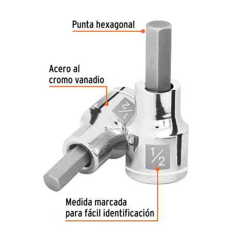 Dado punta hexagonal de 1/2', cuadro 1/2', Truper 1/2', 1/2'