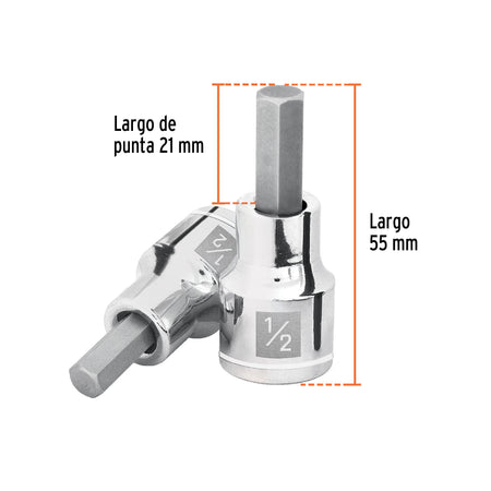 Dado punta hexagonal de 1/2', cuadro 1/2', Truper 1/2', 1/2'