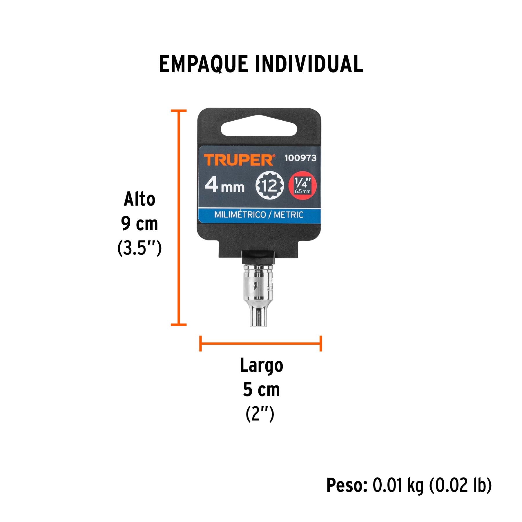 Dado de 4 mm, 12 puntas, cuadro 1/4', Truper