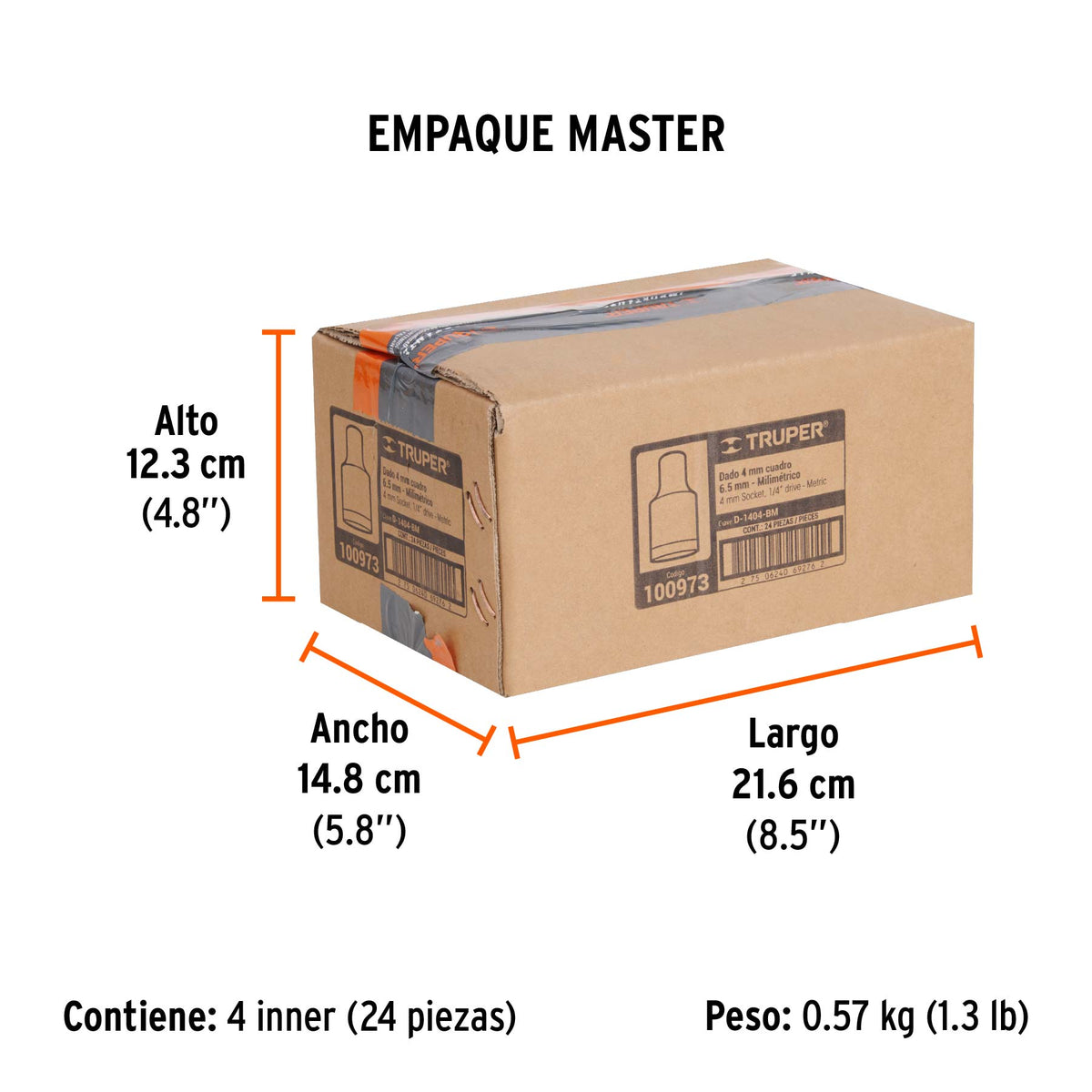 Dado de 4 mm, 12 puntas, cuadro 1/4', Truper