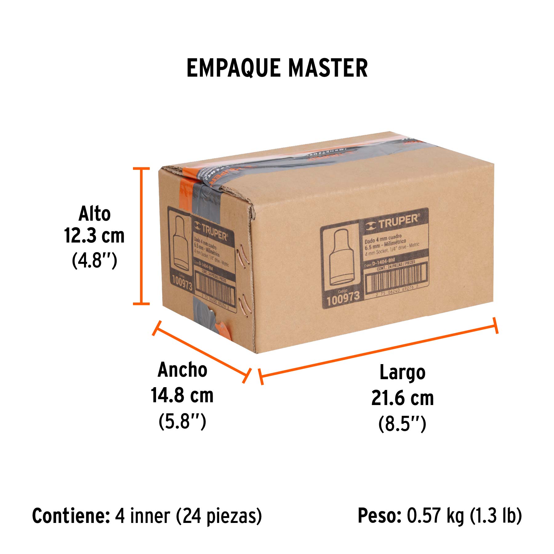 Dado de 4 mm, 12 puntas, cuadro 1/4', Truper