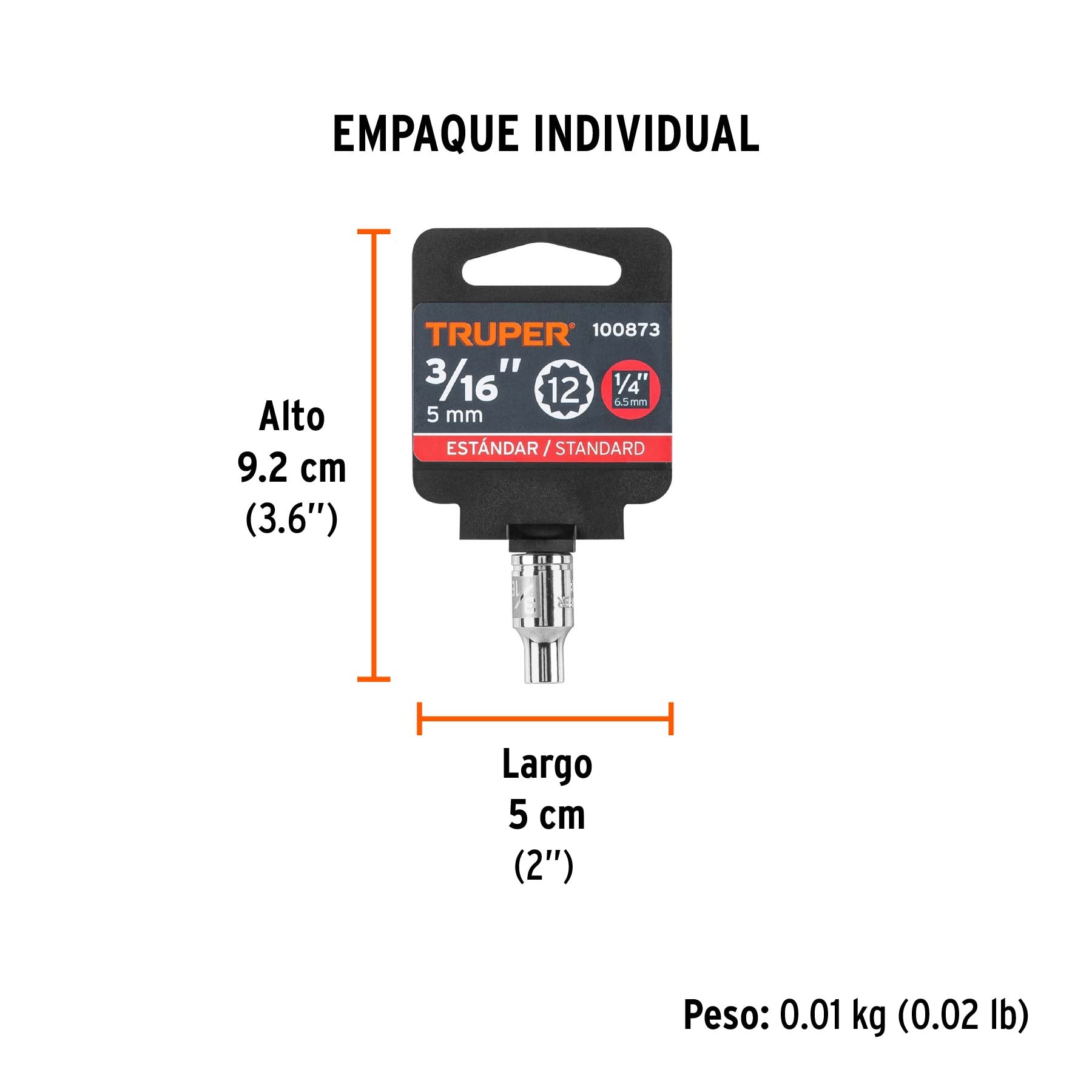 Dado de 3/16', 12 puntas, cuadro 1/4', Truper