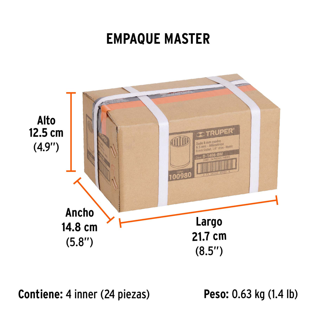 Dado de 8 mm, 12 puntas, cuadro 1/4', Truper