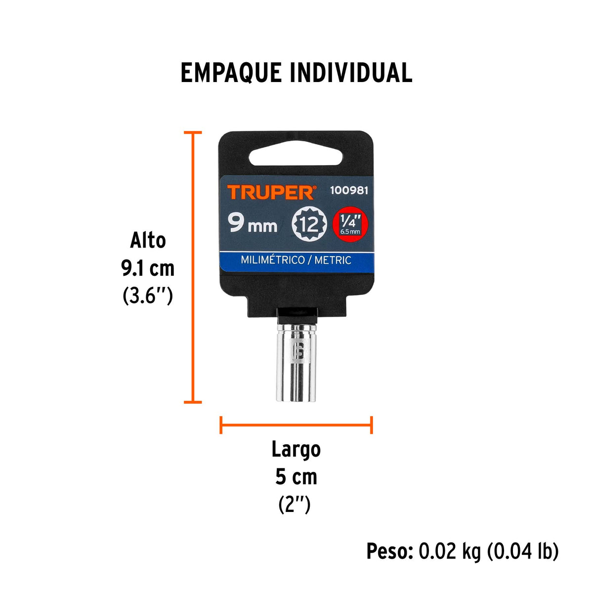 Dado de 9 mm, 12 puntas, cuadro 1/4', Truper