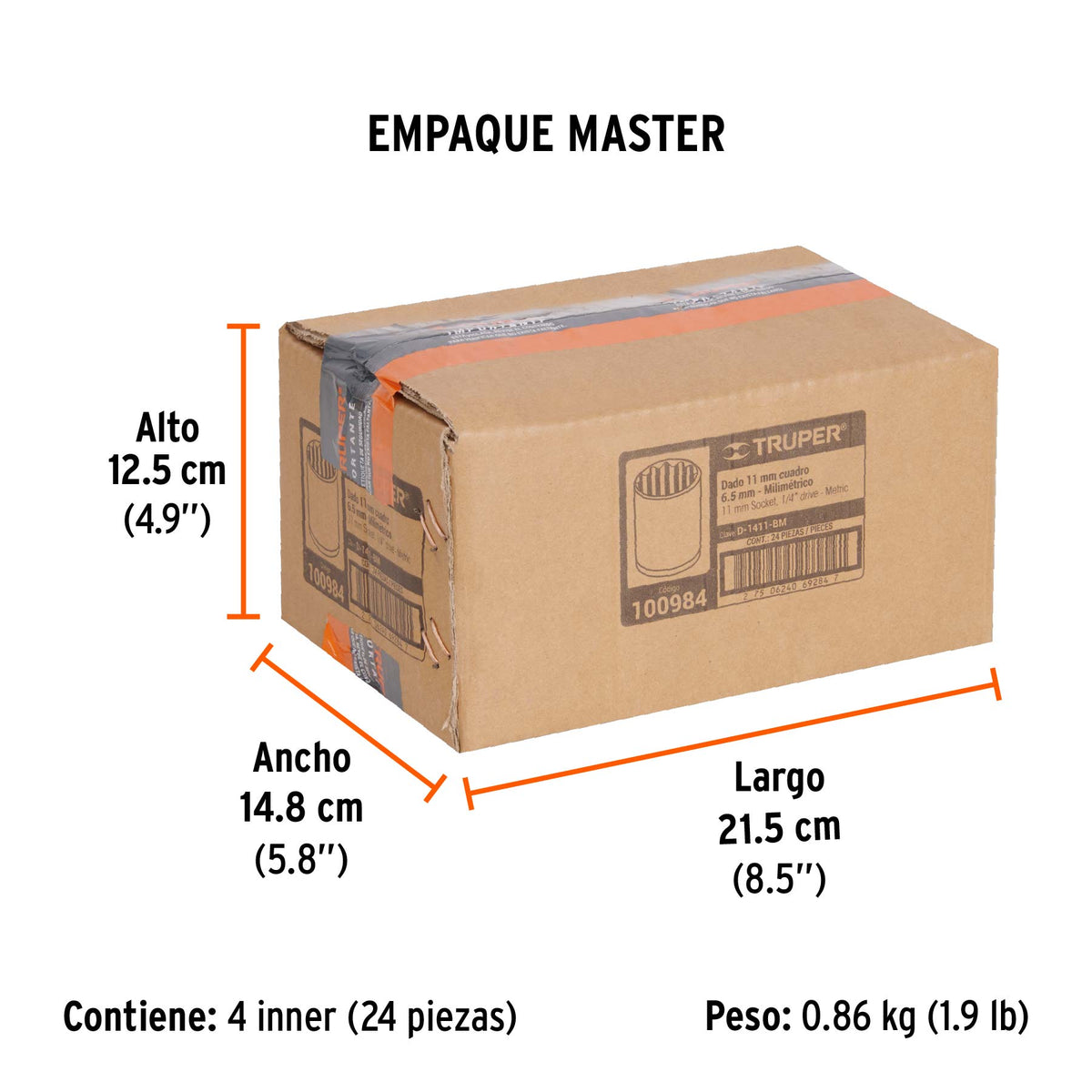 Dado de 11 mm, 12 puntas, cuadro 1/4', Truper