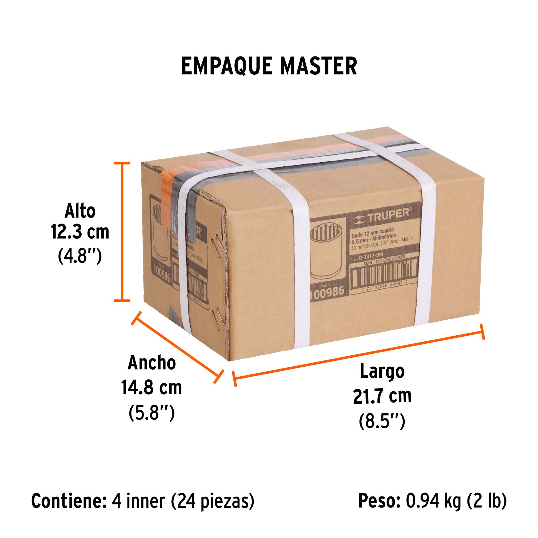 Dado de 12 mm, 12 puntas, cuadro 1/4', Truper