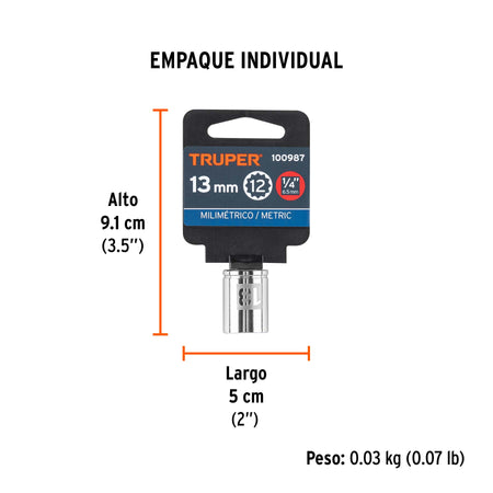 Dado de 13 mm, 12 puntas, cuadro 1/4', Truper