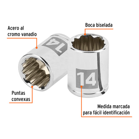 Dado de 14 mm, 12 puntas, cuadro 1/4', Truper