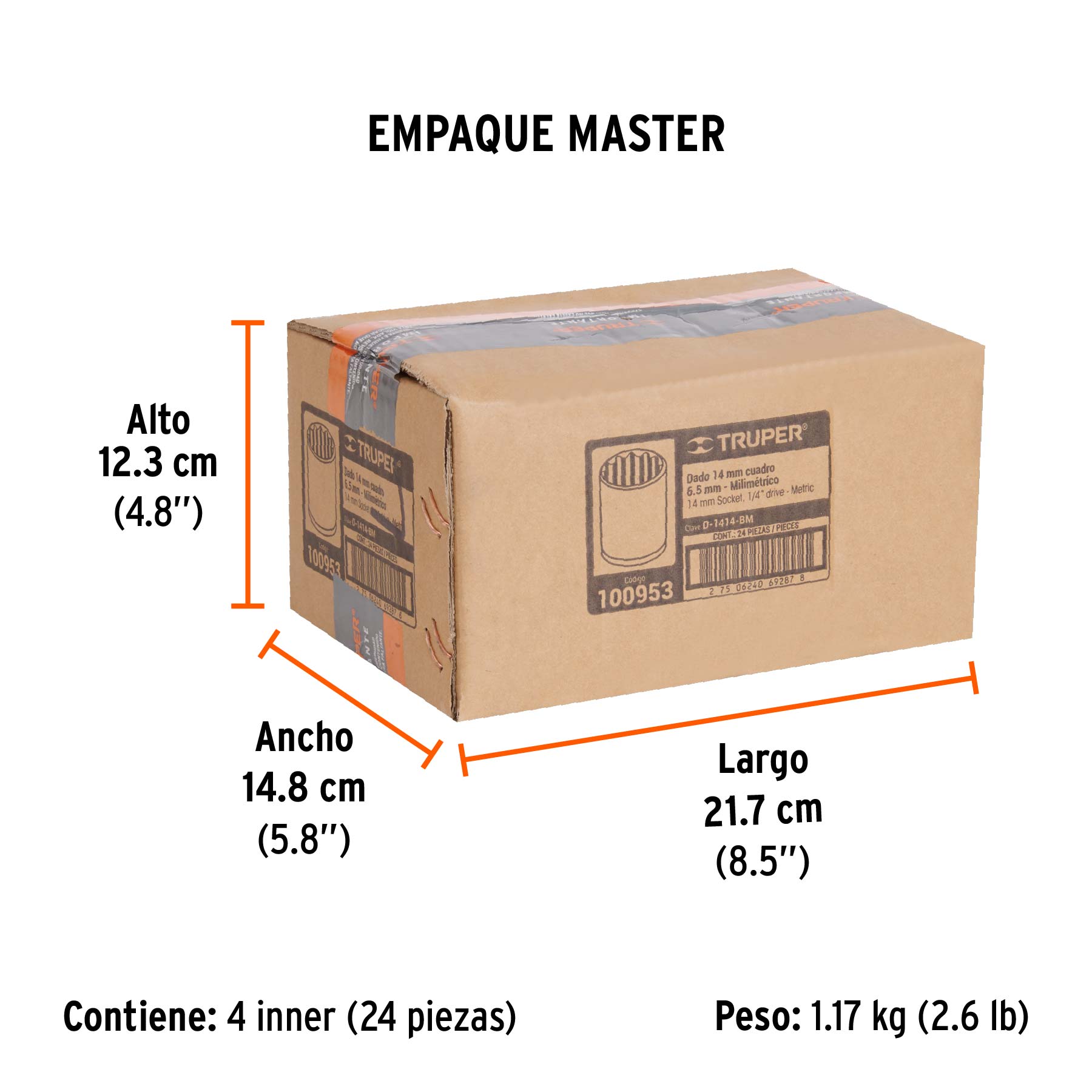 Dado de 14 mm, 12 puntas, cuadro 1/4', Truper