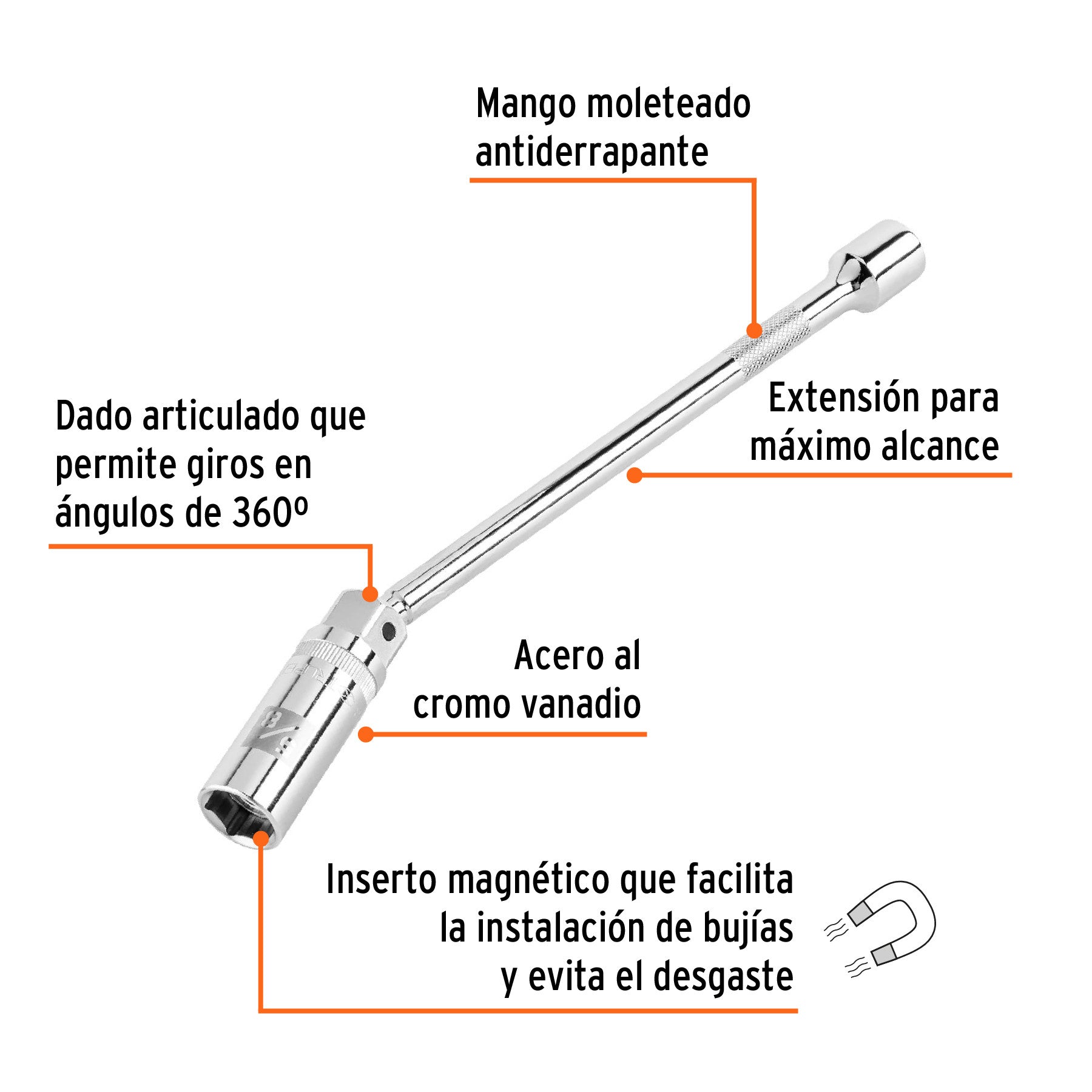 Dado p/bujías cuadro 3/8' articulado 5/8', extensión 10' 3/8', 5/8', 10'