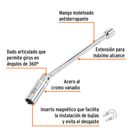 Dado p/bujías cuadro 3/8' articulado 5/8', extensión 10' 3/8', 5/8', 10'