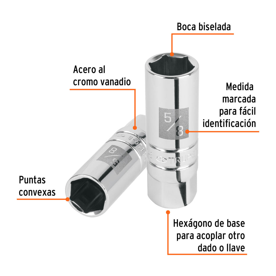 Dado para bujías de 5/8', 6 puntas, cuadro 3/8', Truper 5/8', 3/8'