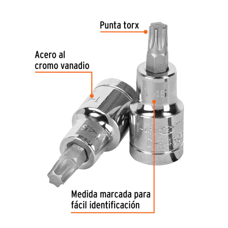 Dado punta torx T-45, cuadro 1/2', Truper