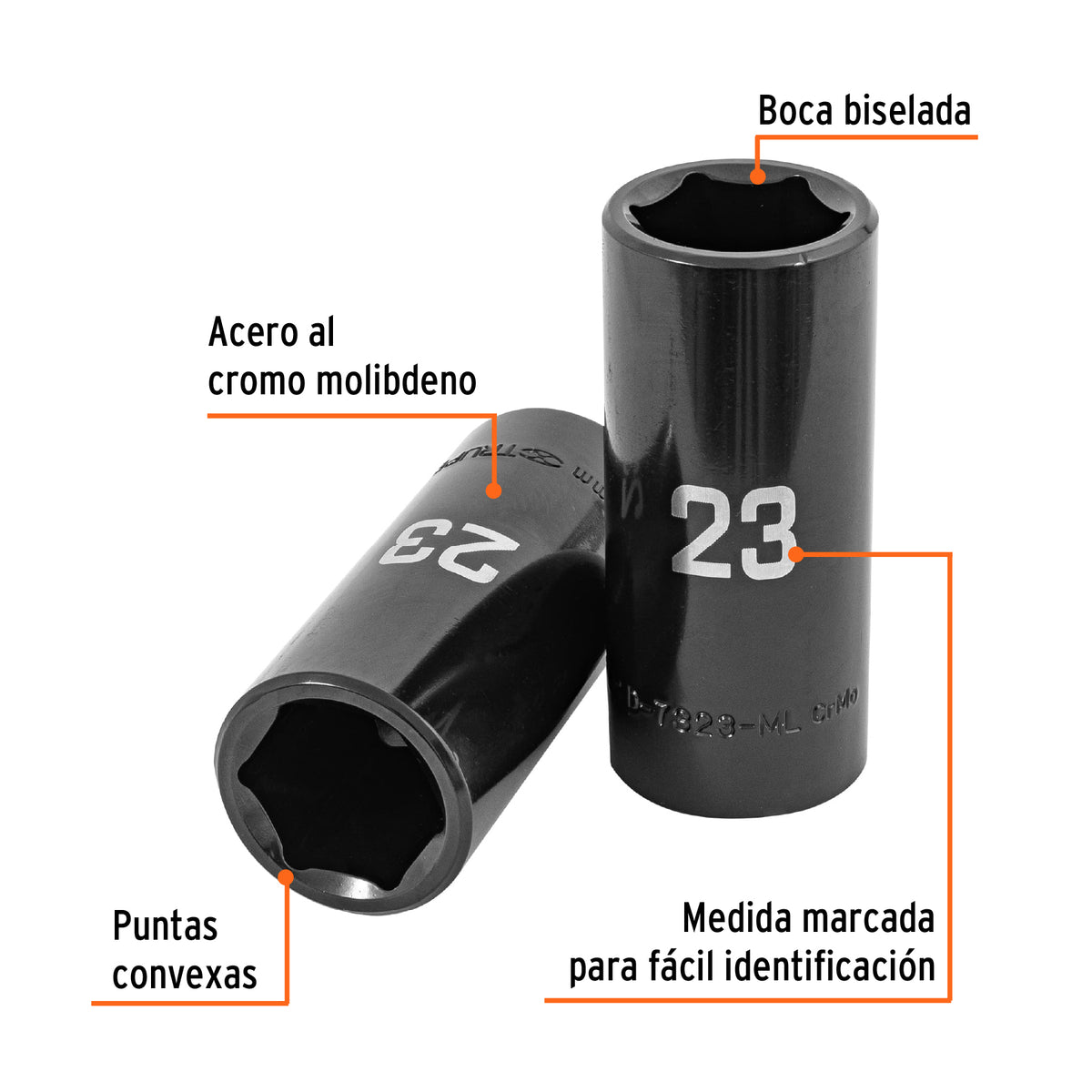 Dado largo impacto de 23 mm, 6 puntas, cuadro 1/2', Truper