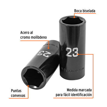 Dado largo impacto de 23 mm, 6 puntas, cuadro 1/2', Truper