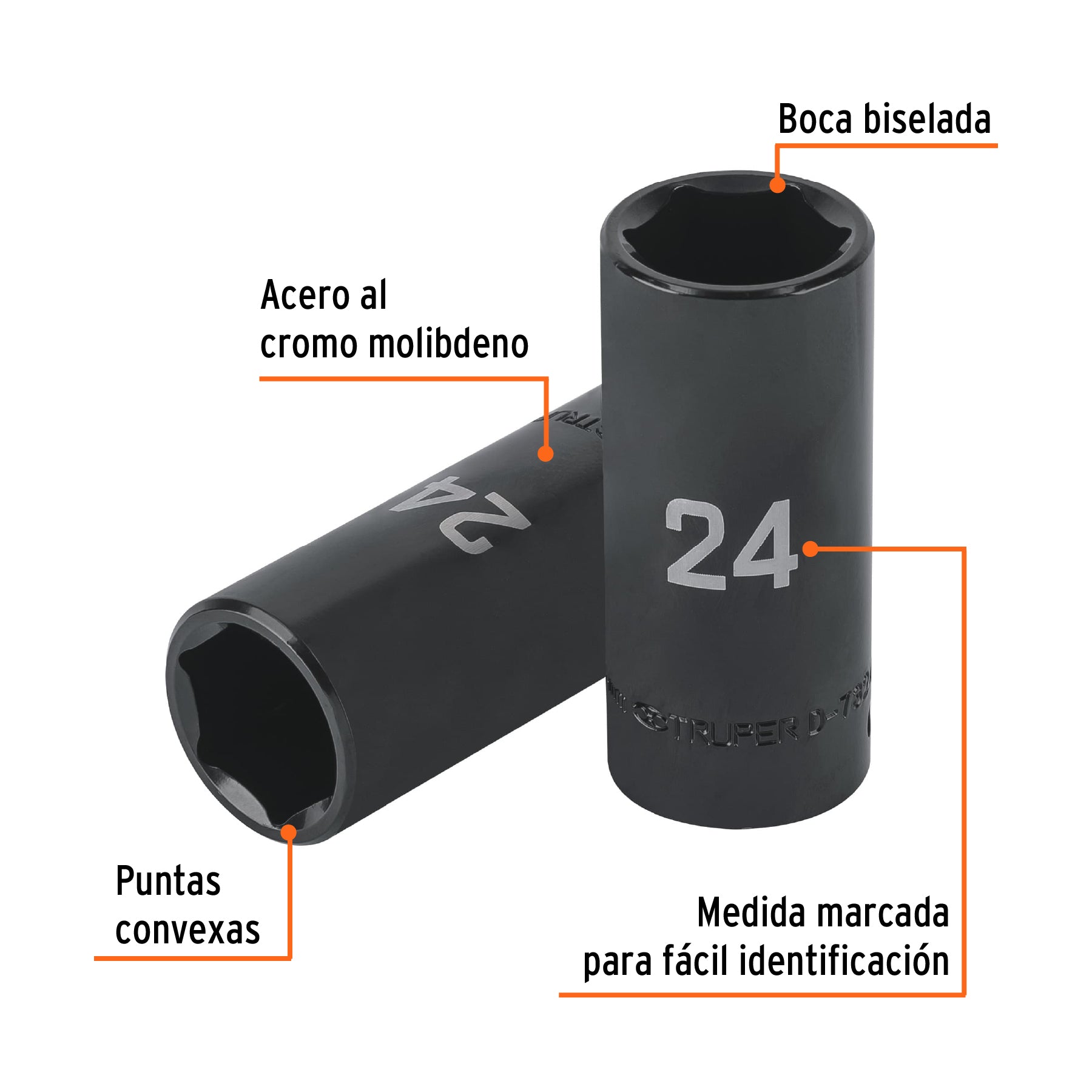 Dado largo impacto de 24 mm, 6 puntas, cuadro 1/2', Truper