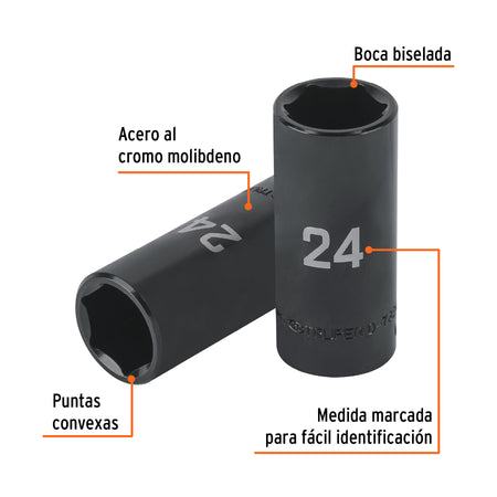 Dado largo impacto de 24 mm, 6 puntas, cuadro 1/2', Truper