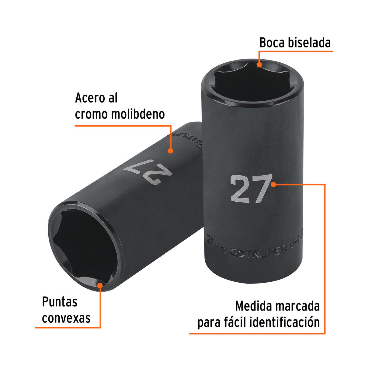Dado largo impacto de 27 mm, 6 puntas, cuadro 1/2', Truper