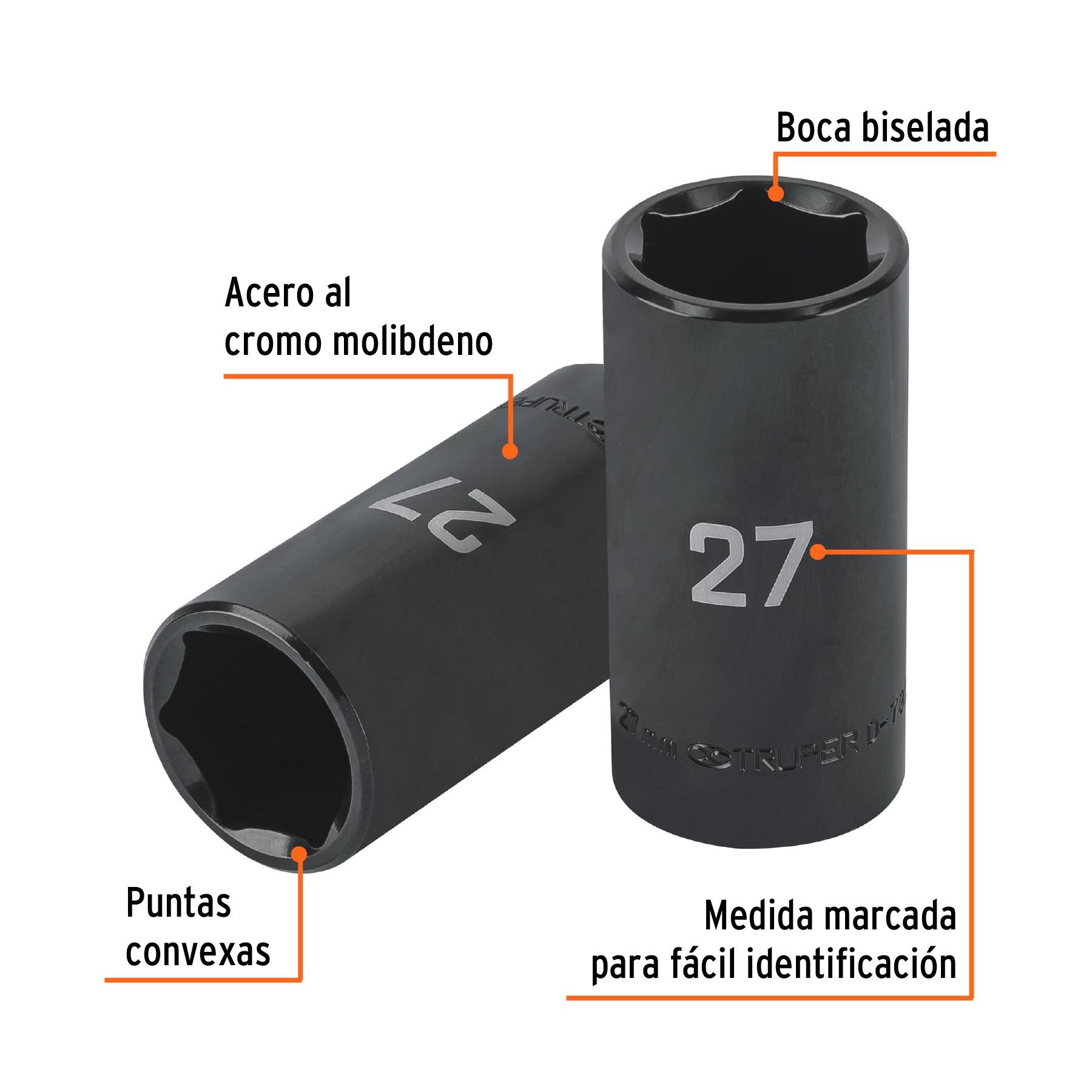 Dado largo impacto de 27 mm, 6 puntas, cuadro 1/2', Truper