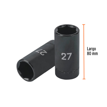 Dado largo impacto de 27 mm, 6 puntas, cuadro 1/2', Truper