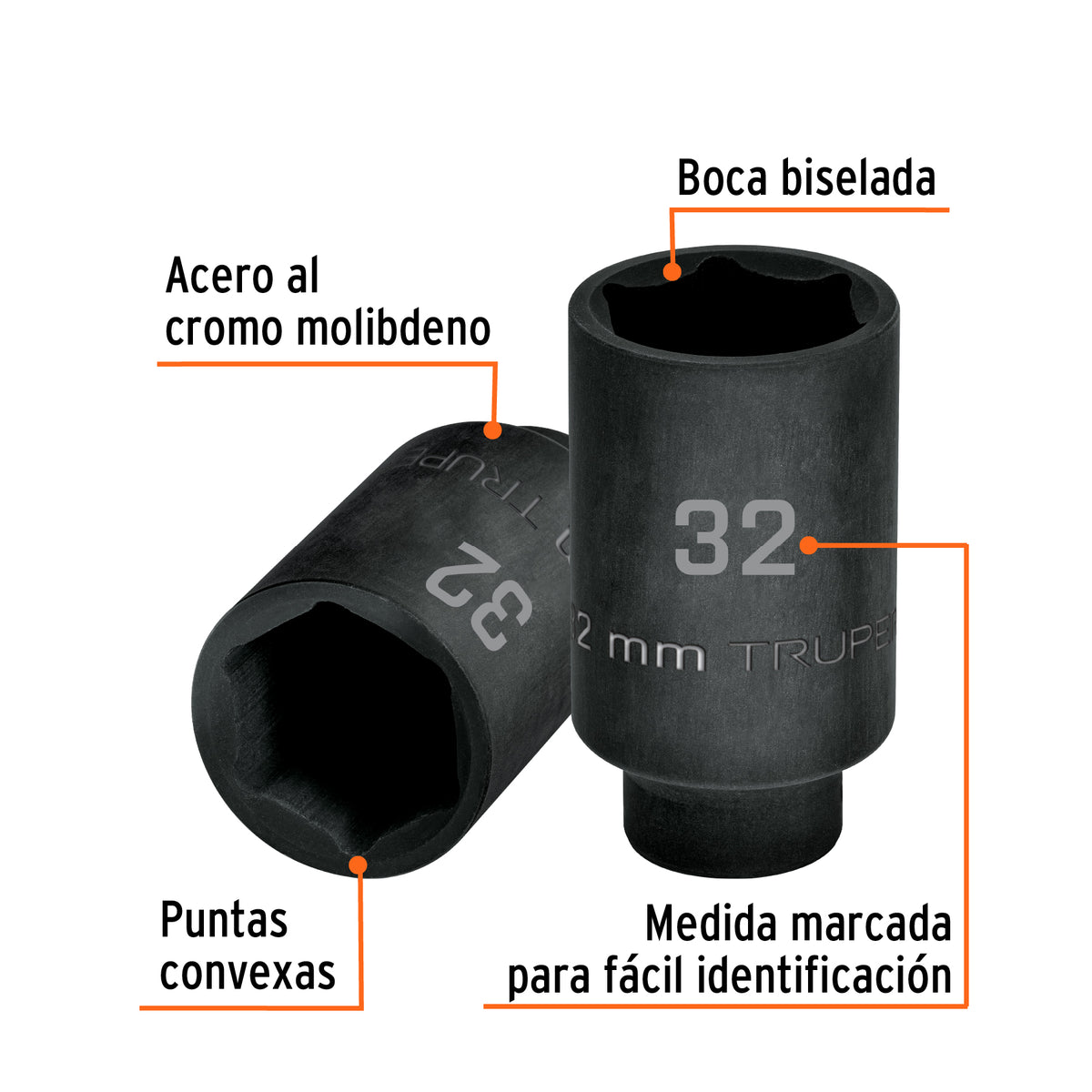 Dado largo impacto de 32 mm, 6 puntas, cuadro 1/2', Truper