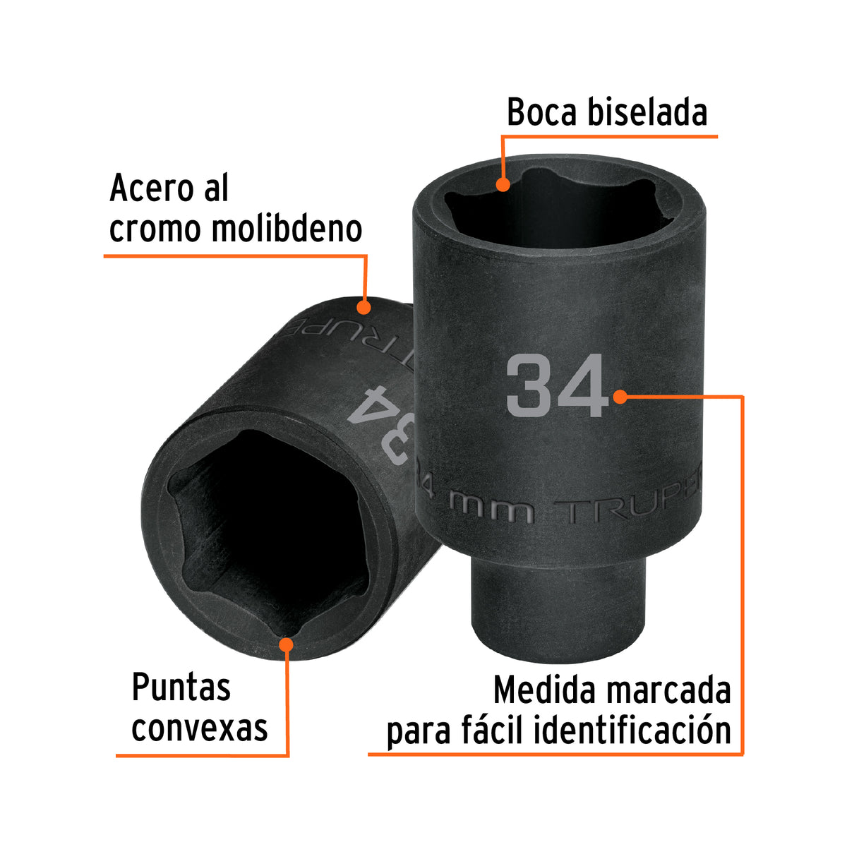 Dado largo impacto de 34 mm, 6 puntas, cuadro 1/2', Truper