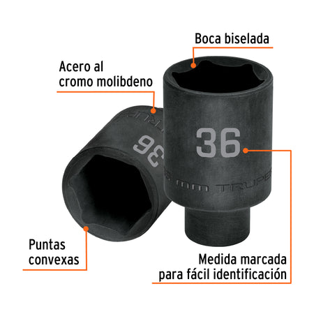 Dado largo impacto de 36 mm, 6 puntas, cuadro 1/2', Truper