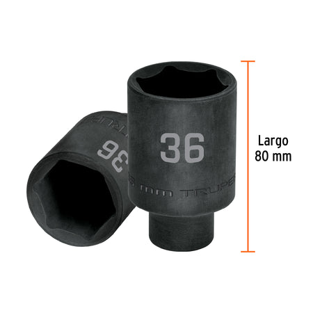 Dado largo impacto de 36 mm, 6 puntas, cuadro 1/2', Truper