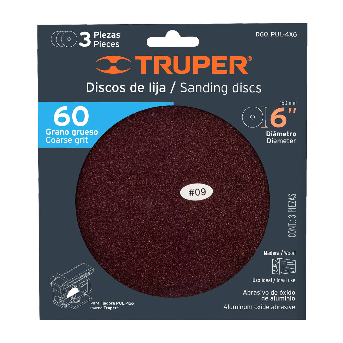 Paquete con 3 discos de lija 6" grano 60 para PUL-4X6T