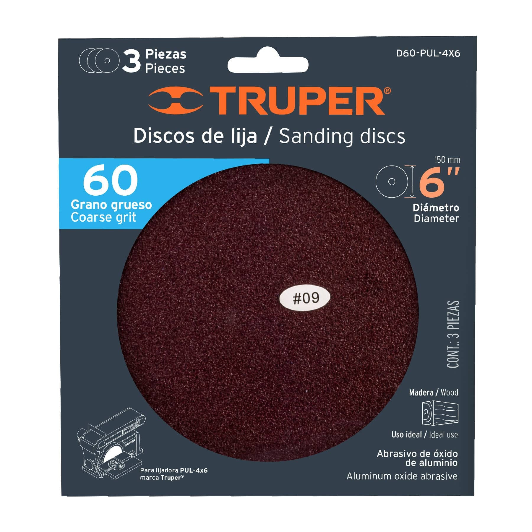 Paquete con 3 discos de lija 6" grano 60 para PUL-4X6T