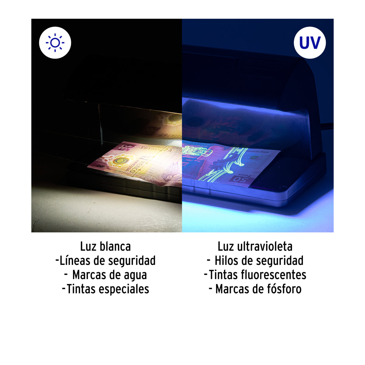 Detector de billetes falsos con doble lámpara, VOLTECK