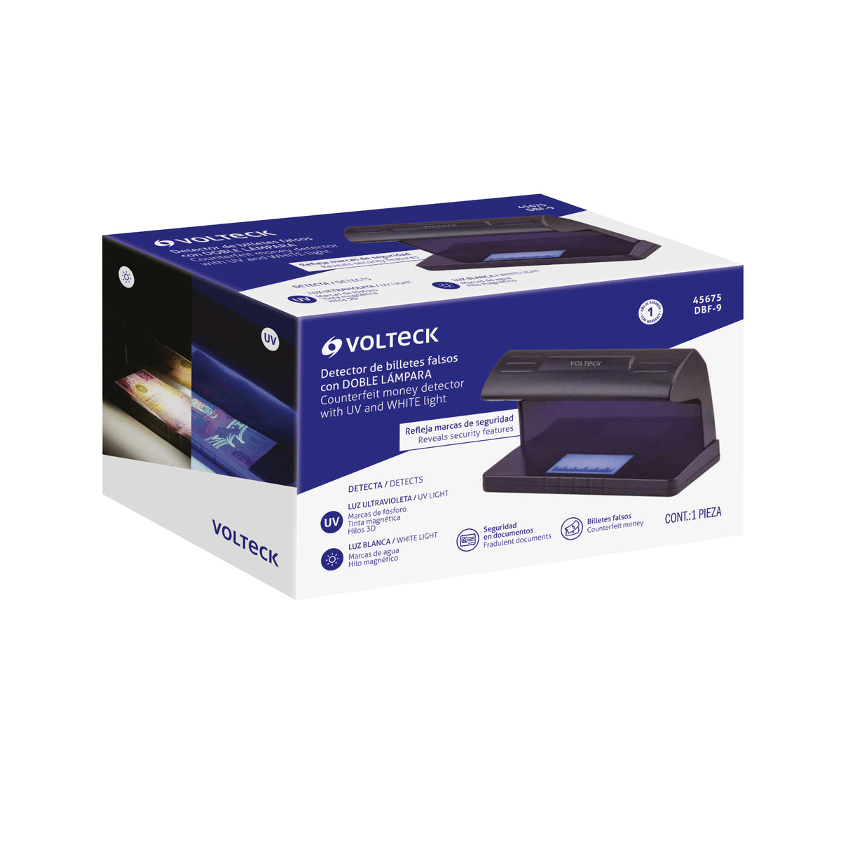 Detector de billetes falsos con doble lámpara, VOLTECK