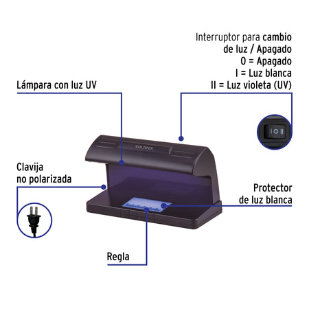 Detector de billetes falsos con doble lámpara, VOLTECK