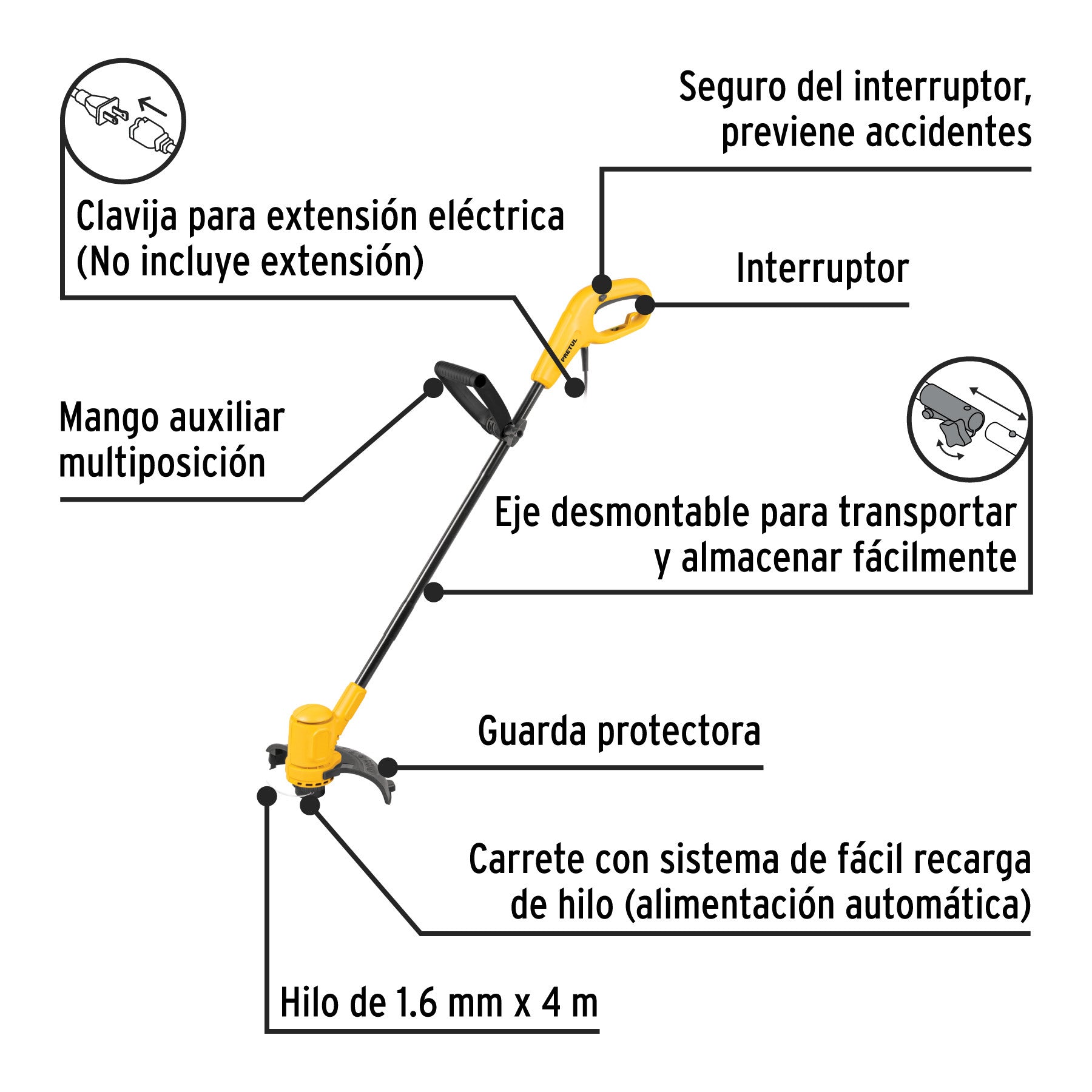 Desbrozadora eléctrica 300 W mango 'D', 9' corte, Pretul