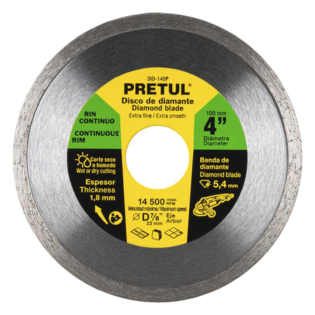 Disco de diamante de 4' x 1.8 mm, rin continuo, PRETUL 4', 1.8 mm