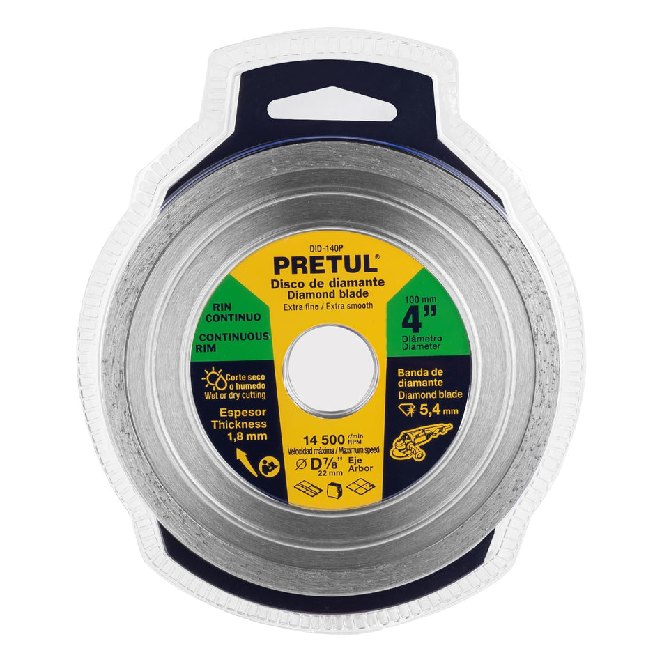 Disco de diamante de 4' x 1.8 mm, rin continuo, PRETUL 4', 1.8 mm