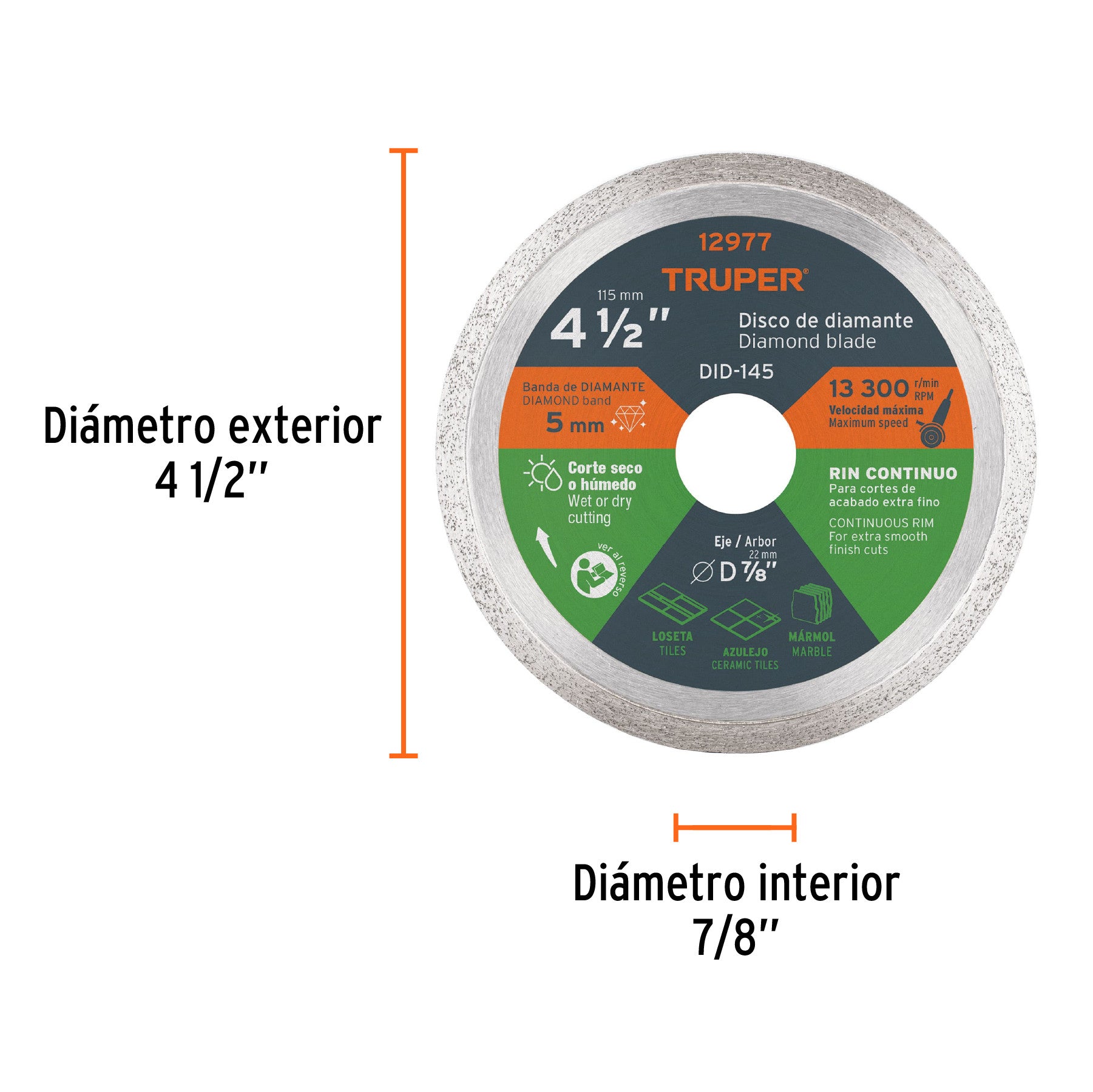 Disco de diamante de 4-1/2' x 1.6 mm, rin continuo, TRUPER