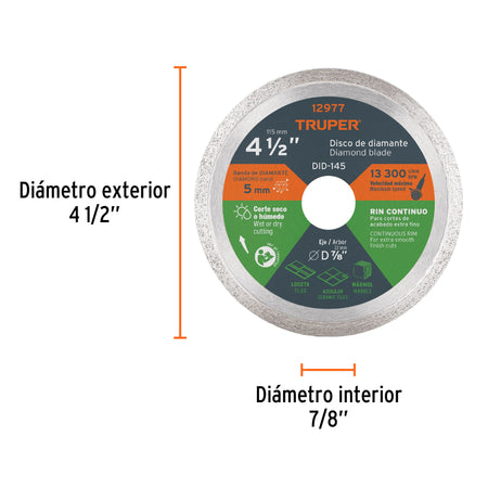 Disco de diamante de 4-1/2' x 1.6 mm, rin continuo, TRUPER