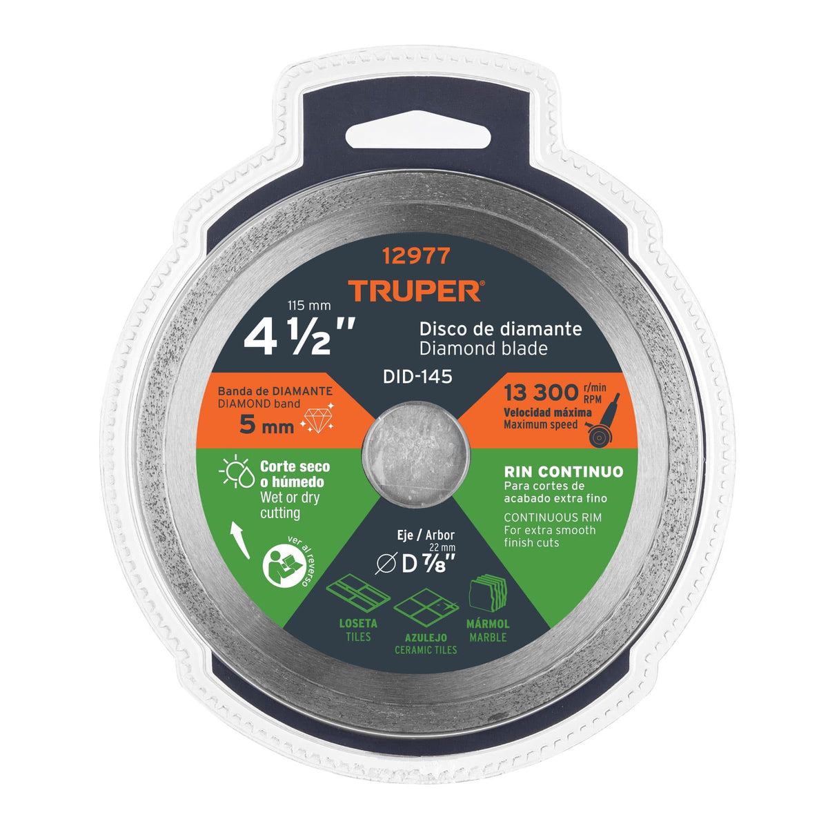 Disco de diamante de 4-1/2' x 1.6 mm, rin continuo, TRUPER