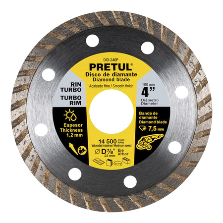 Disco de diamante de 4' x 1.2 mm, rin turbo, PRETUL 4', 1.2 mm