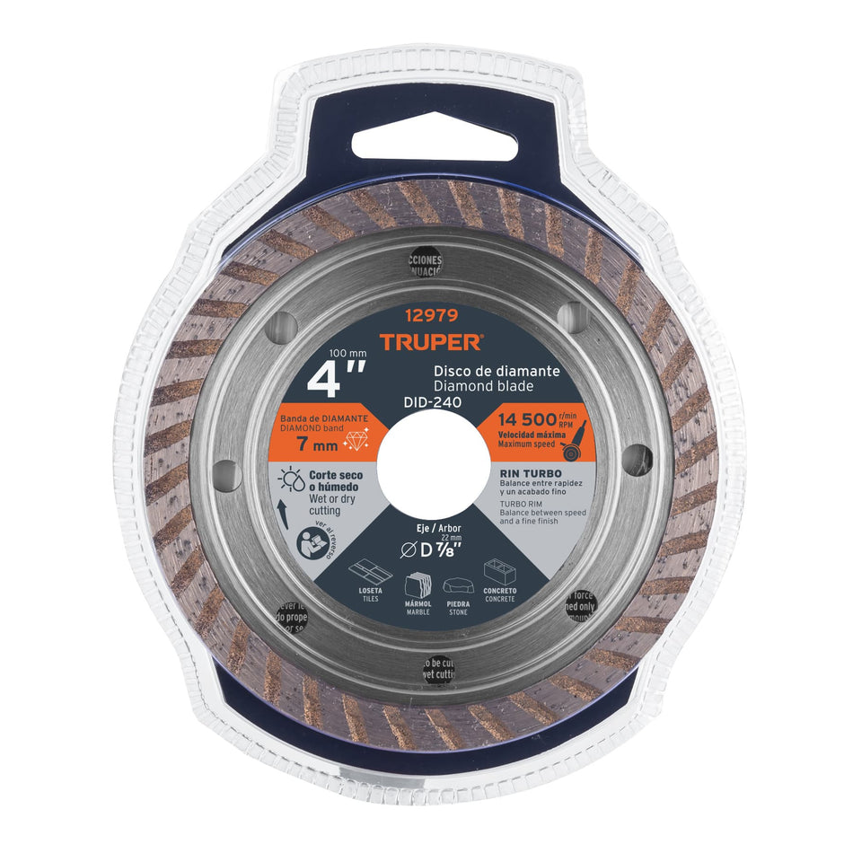 Disco de diamante de 4' x 2.2 mm, rin turbo, TRUPER 4', 2.2 mm