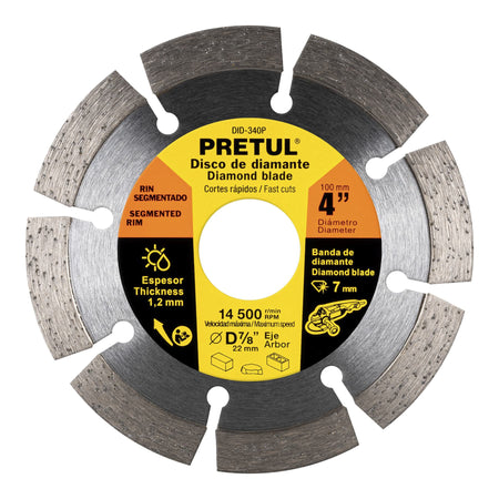 Disco de diamante de 4' x 1.2 mm rin segmentado, PRETUL 4', 1.2 mm