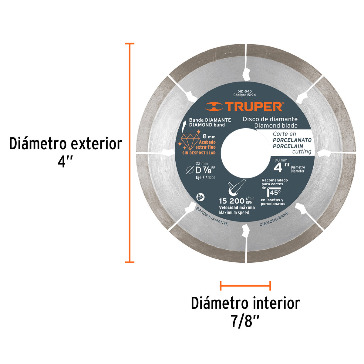 Disco de diamante de 4' x 1.3 mm, corte de porcelanato 4', 1.3 mm