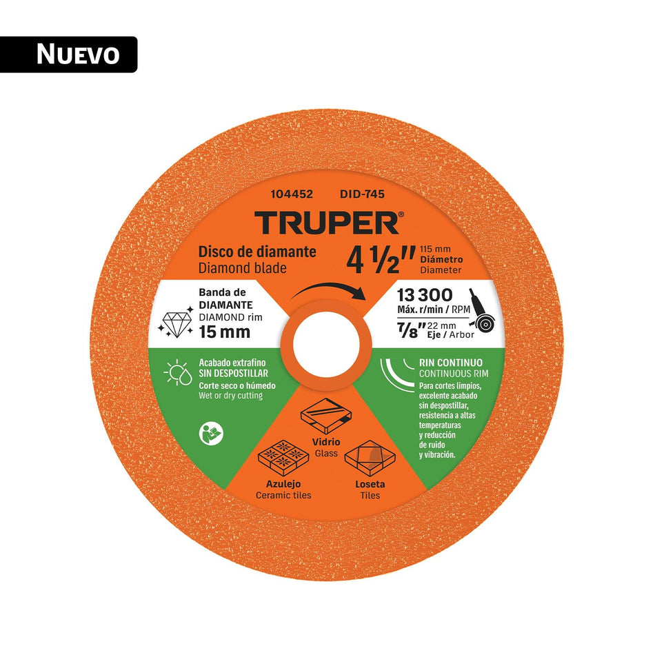 Disco de diamante 4-1/2", corte de vidrio, TRUPER